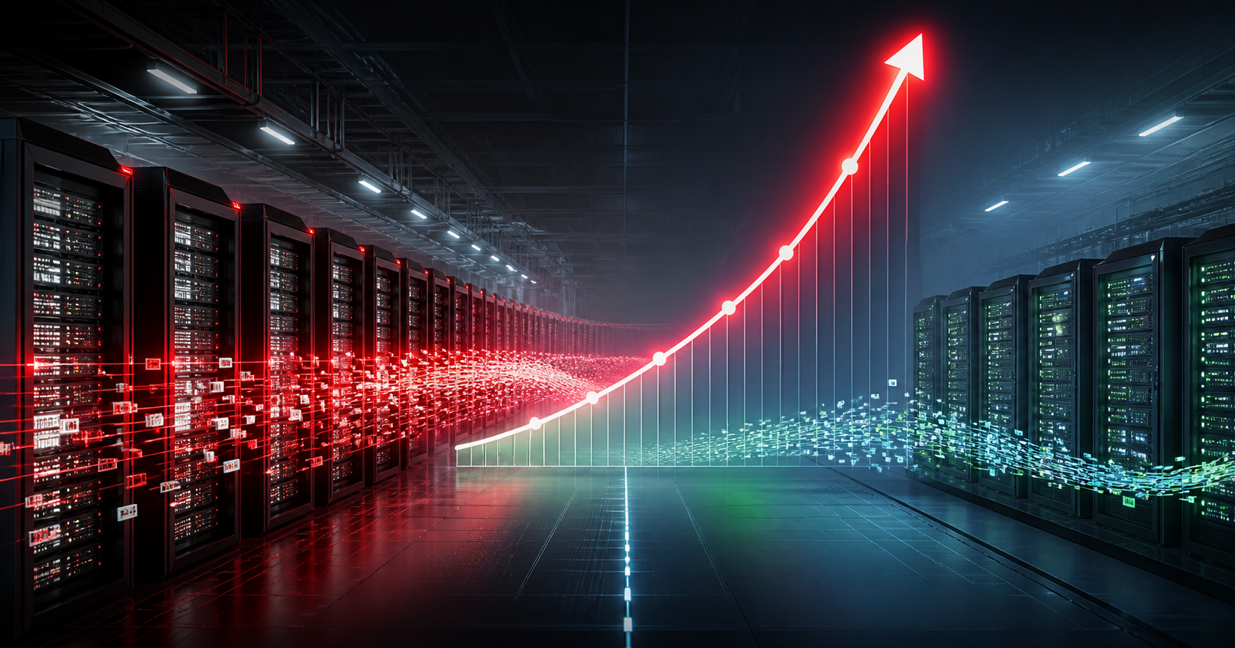 AI data-centre traffic split between peak and off-peak periods beside a sharply rising price curve